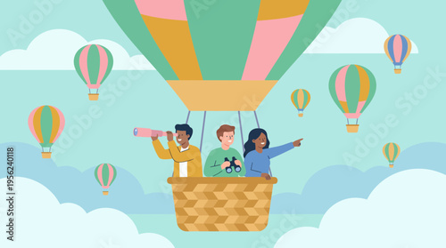 Diverse group of business analysts and corporate executives flying in hot air balloons using binoculars to find opportunities, concept for strategic planning, market vision and growth