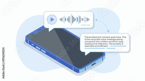 Isometric smartphone displaying audio waveform and transcribed text bubbles on light blue background, concept for mobile communication, speech recognition technology and digital accessibility