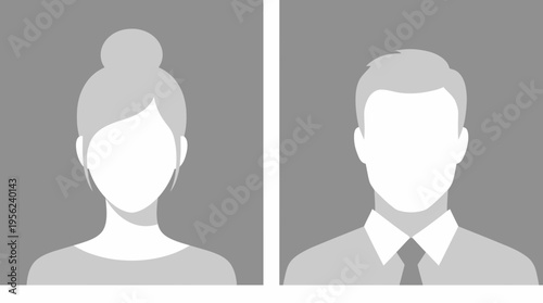 Minimalist flat vector illustration of male office manager and female entrepreneur avatars on gray background, concept for corporate profile, human resources website and business team identification