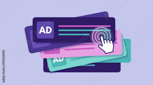 Digital advertising banners stacked on purple background with cursor hand clicking interface elements, concept for digital marketing, online promotion and pay per click advertising