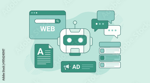 Flat vector illustration of an artificial intelligence chatbot head surrounded by web interface icons and digital marketing elements, concept for digital marketing, support and automation