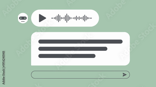 Chatbot interface with robot icon voice message waveform and text bubbles on sage green background, concept for artificial intelligence technology, customer support and virtual assistant