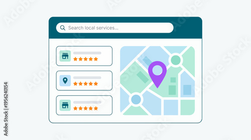 Web interface showing local service search results with business ratings and map location pin, concept for local seo strategy, business directory and digital marketing growth