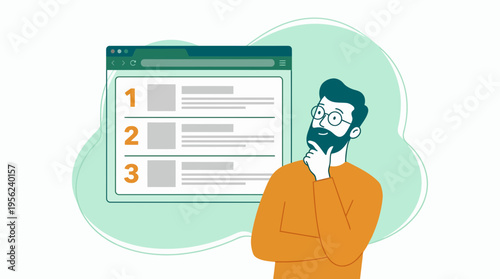 Thoughtful seo specialist with beard looking at numbered website ranking list in browser window, concept for digital content strategy, business task prioritization and online marketing