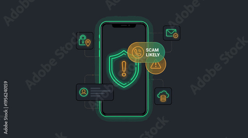 Smartphone with glowing digital security shield and scam likely alert icons on dark background, concept for cyber security awareness, mobile fraud prevention and data protection software