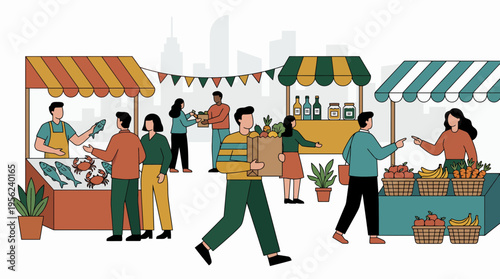 Entrepreneurial vendors selling fresh products to office workers at busy street market stalls with city view, concept for local business growth, retail economy and urban consumerism