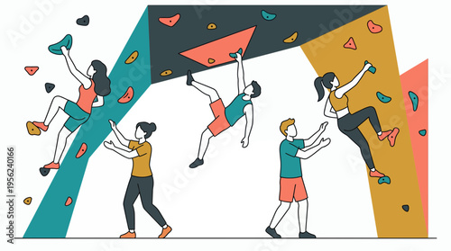 Group of professional business executives and project managers climbing a colorful bouldering wall in an indoor gym illustration, concept for career growth, team building and overcoming challenges