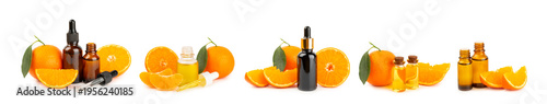 Tangerine essential oil isolated on white background. Bottles of citrus essential oil and sliced ​​fruits. Fragrant tangerine oil with tangerines. Cosmetic oil for spa treatments. Aromatherapy concept