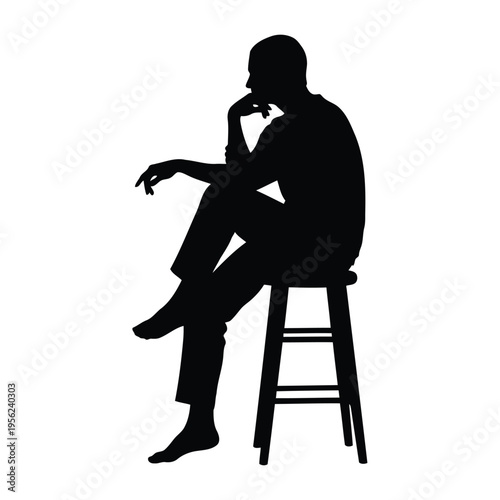 Silhouette of a person sitting on a stool, contemplating with a pensive expression