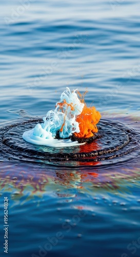 Specialized chemical dispersant being applied to contain and neutralize crude oil residue on the surface of the ocean water, environmental, dispersant, water