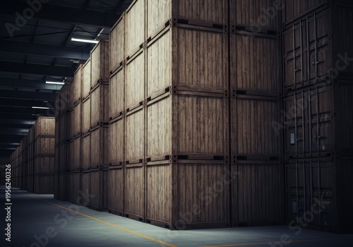 Stacks of robust wooden transport containers organized within a massive storage facility, highlighting efficient global supply chain logistics, facility, management, commerce