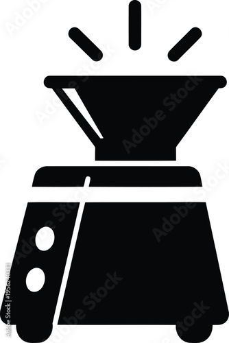 Black and white silhouette icon of a coffee grinder with beams of light emanating from the top