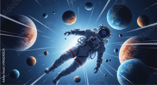 Astronaut in Space Suit Floating Among Planets.
