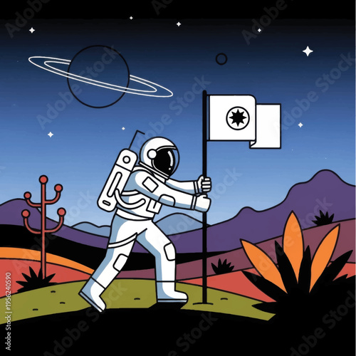 Astronaut Planting Flag on Alien Planet Surface.