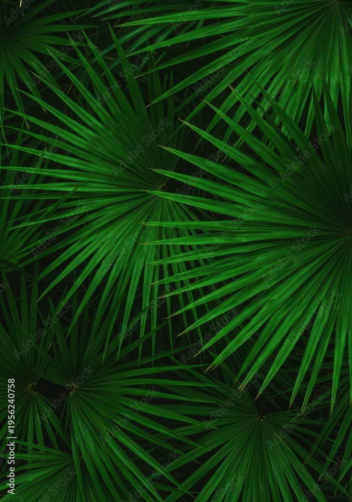 Obraz premium Vibrant natural tropical background featuring lush overlapping green palm tree leaves creating a dense jungle canopy texture, jungle, serene, botanical