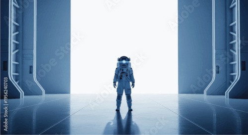 Astronaut Standing in Futuristic Space Station.