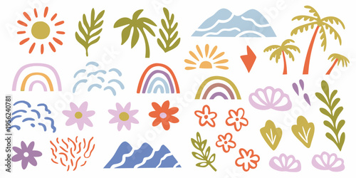 Colorful illustration featuring suns rainbows mountains flowers and tropical foliage