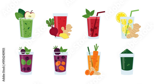 Colorful healthy smoothies and juices in glasses, various fruits and vegetables.