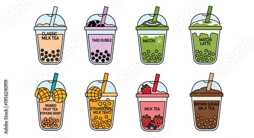 Delicious bubble tea drinks in various flavors with tapioca pearls and straws.