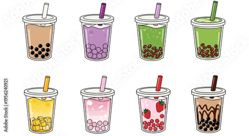 Colorful assortment of refreshing bubble tea drinks with various flavors and toppings.