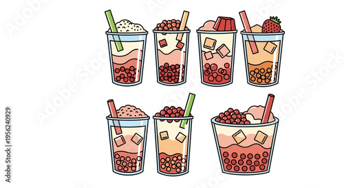 Delicious and refreshing bubble tea drinks with various flavors and toppings in a colorful illustration.
