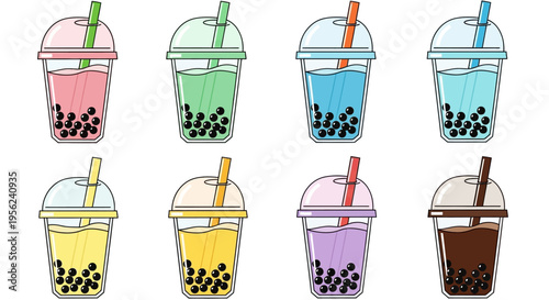 Colorful bubble tea beverages in various flavors with straws and tapioca pearls.