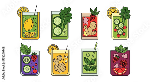 Colorful and refreshing healthy drinks with fruits, vegetables and herbs, vector illustration.