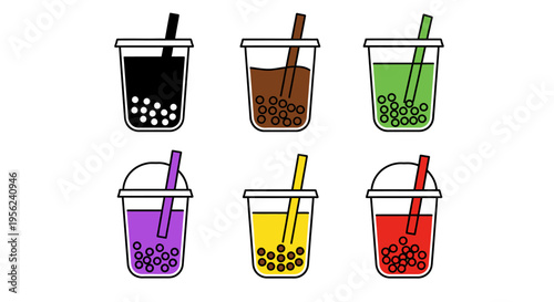 Colorful bubble tea drinks in various flavors with straws and lids.
