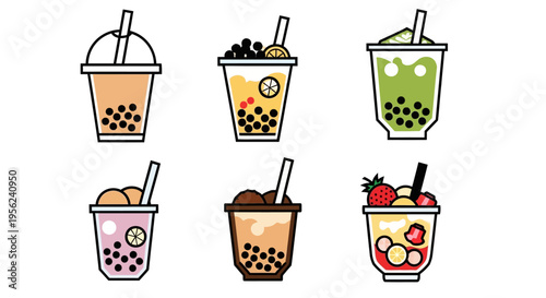 Colorful and delicious bubble tea drinks with various flavors in cups.