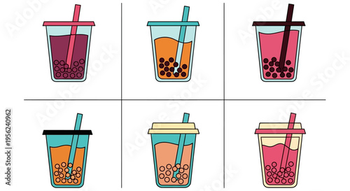 Colorful bubble tea drinks in various flavors with straws and tapioca pearls.