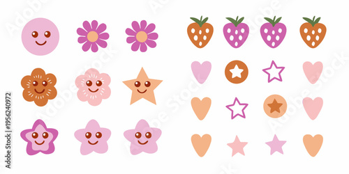 Colorful collection of cartoon fruits flowers and stars with smiling faces