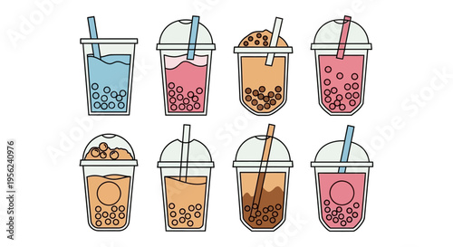 Colorful bubble tea drinks in various flavors with straws and lids on white background.