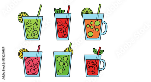 Colorful vector illustration of refreshing summer drinks with fruit slices and straws.
