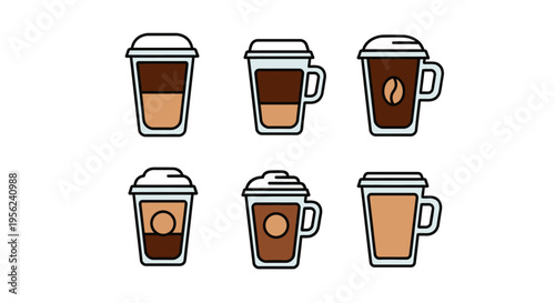 Set of six different coffee drinks with lids and handles in vector illustration.