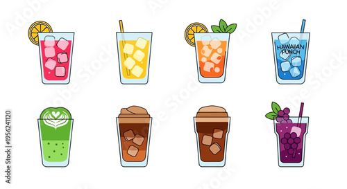 Colorful and refreshing beverages with ice cubes and fruit slices, vector illustration.