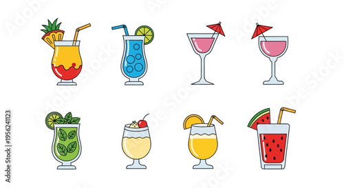 Colorful vector illustration of various refreshing cocktail drinks with garnishes.