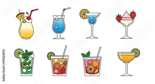 Colorful cocktail drinks with various fruits and garnishes on a white background.