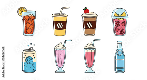 Collection of refreshing beverages with ice, fruit, and whipped cream in various containers.