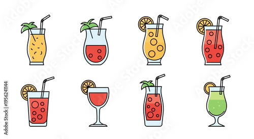 Colorful cocktail drinks with straws and fruit slices in a vector illustration.