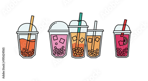 Colorful bubble tea drinks with straws and various flavors in transparent cups.
