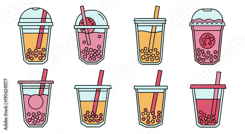 Colorful bubble tea drinks with straws in various flavors and styles.