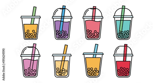 Colorful bubble tea drinks in plastic cups with straws, vector illustration.