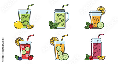 Colorful and refreshing summer drinks with fruits and vegetables, vector illustration.