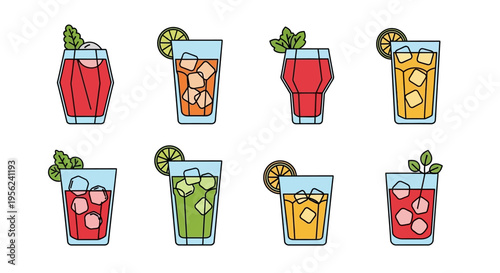 Colorful vector illustration of various refreshing summer cocktails with ice and garnishes.
