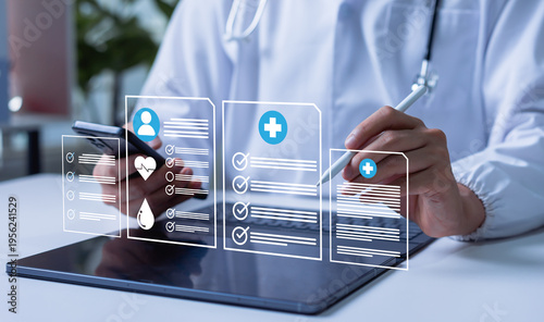 Schilderij op canvas Doctor working on a tablet using a healthcare management system, representing secure medical data technology, efficient patient information management, and modern digital healthcare solutions
