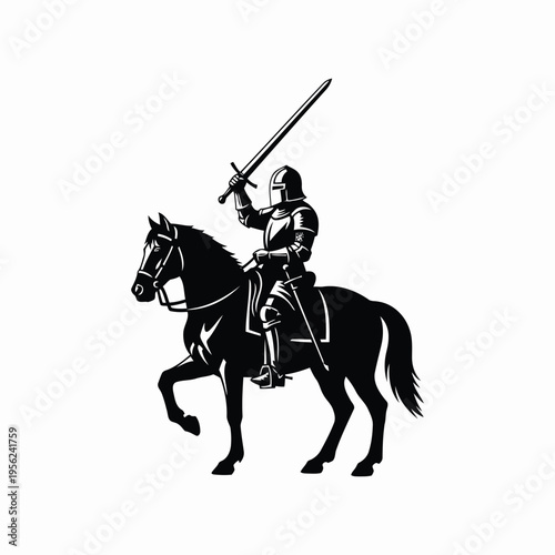 Knight in Shining Armor on Horseback Holding a Sword, Medieval Warrior Silhouette