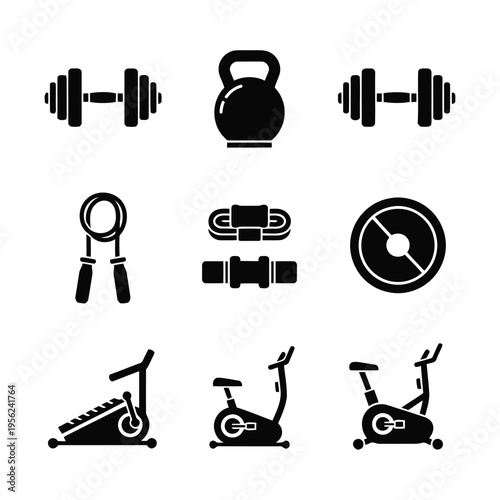 Set of fitness equipment icons including dumbbells, kettlebell, jump rope, exercise bike, and weight plates for gym and workout