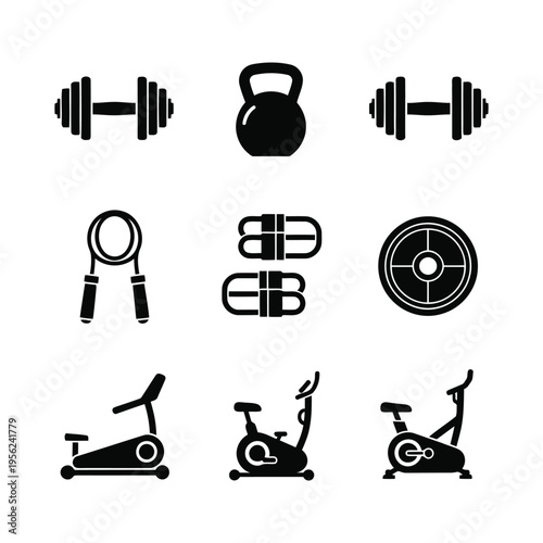 Essential fitness and gym equipment icons in a sleek black silhouette style, ideal for illustrating workout routines, health apps, and active lifestyle content