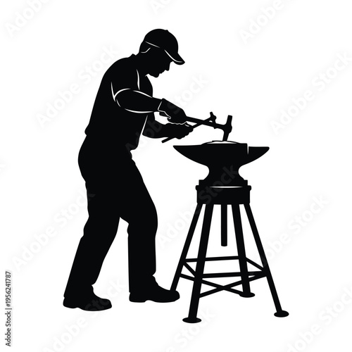 Dynamic silhouette of a skilled artisan forging metal on an anvil, embodying traditional craftsmanship, manual labor, and industrial precision