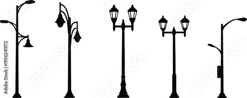 Collection of elegant street lamp designs in silhouette, representing outdoor lighting and urban aesthetics